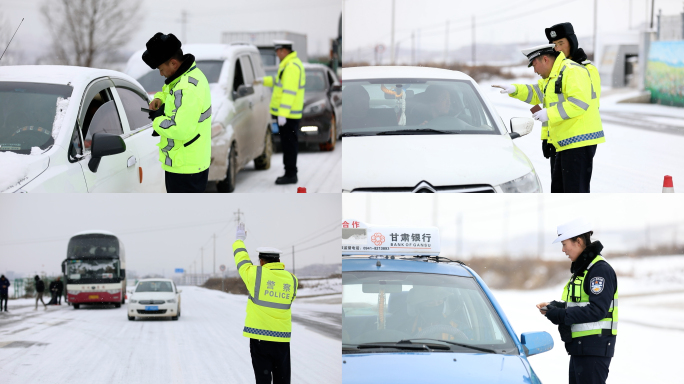 交警雪天查控车辆