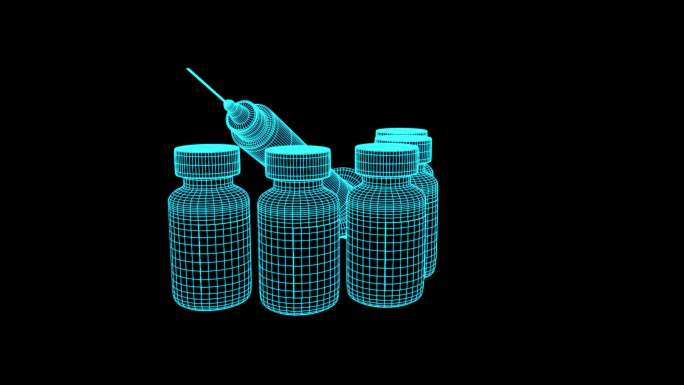 4K蓝色全息线框科技疫苗瓶素材带通道