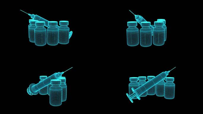 4K蓝色全息线框科技疫苗瓶素材带通道