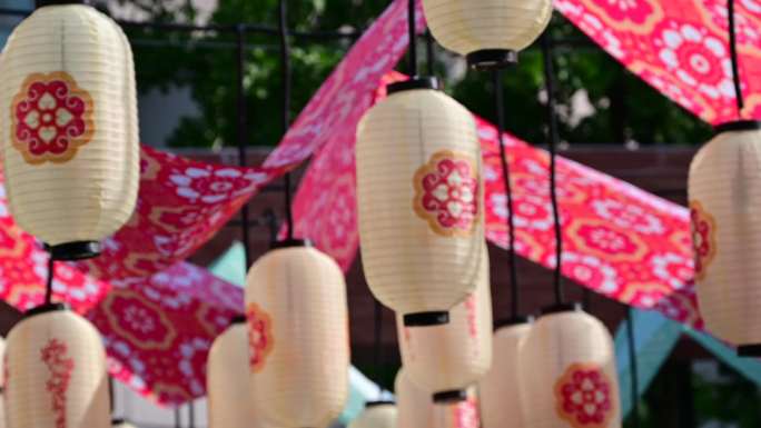 夏季杭州西湖音乐喷泉边装饰的灯笼