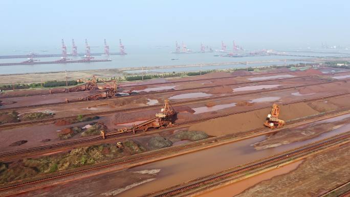 航拍上海堆矿码头铁砂矿开采工厂