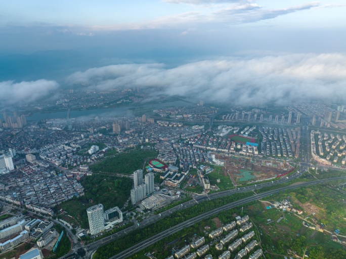 天台县城清晨云雾云海延时