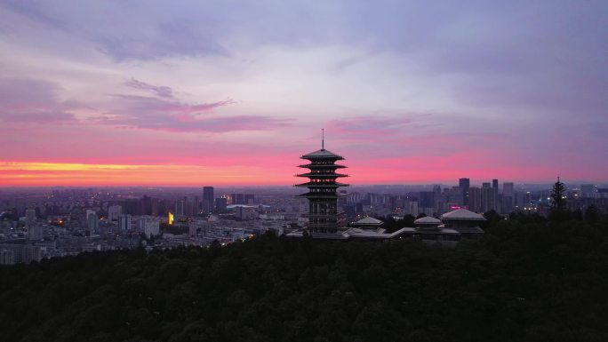 航拍临平东来阁日出朝霞