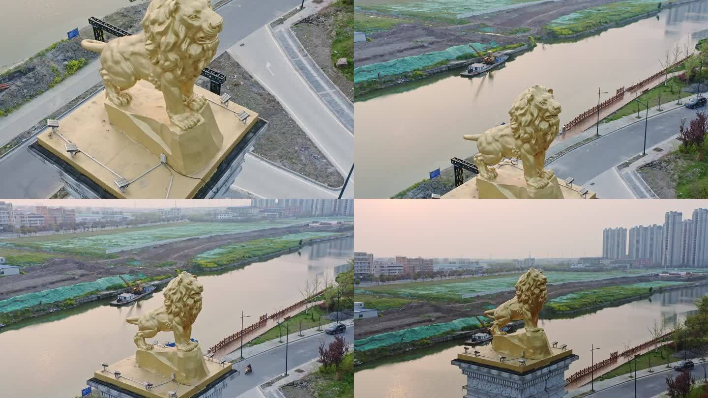 航拍江苏盐城新都路桥梁雄狮雕像