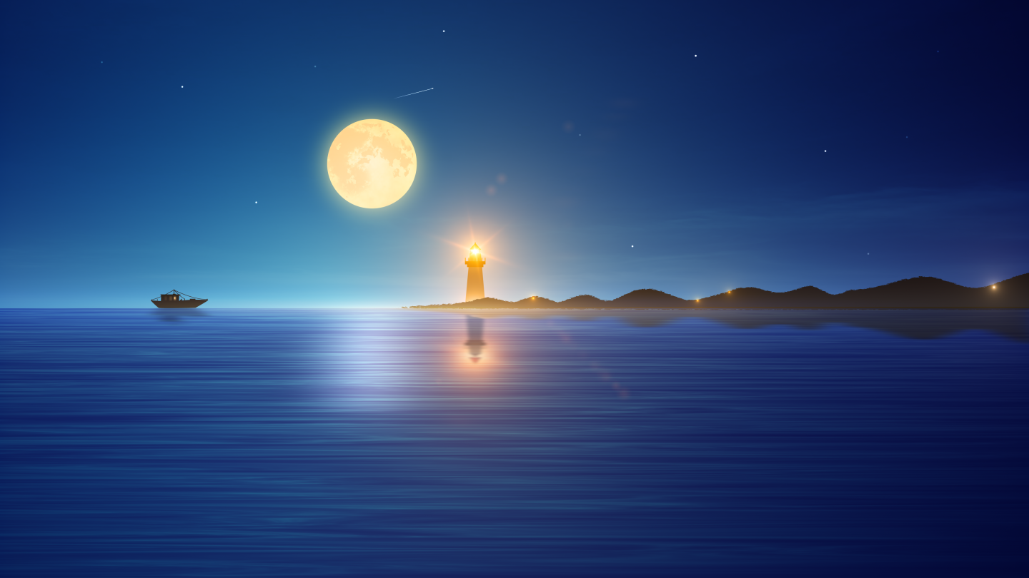 唯美海上灯塔月亮