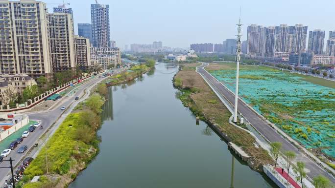 航拍江苏盐串场河自然风景与城市建筑风光