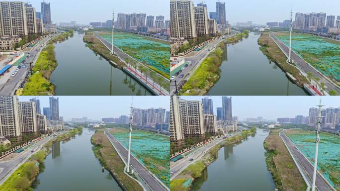 航拍江苏盐串场河自然风景与城市建筑风光