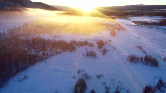 航拍雪原森林日出