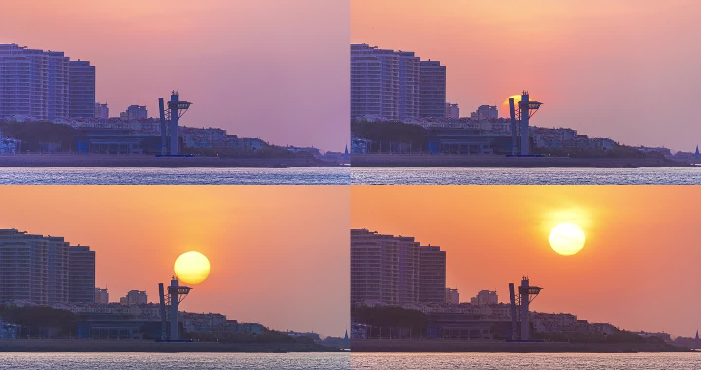 青岛奥帆中心瞭望塔日出太阳从高楼升起