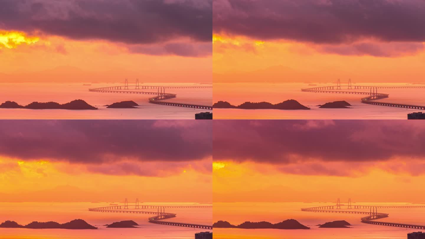 【4K可商用】晨光中的港珠澳大桥