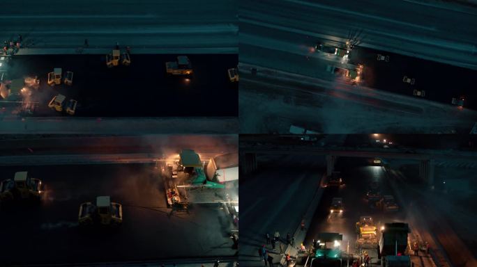 航拍 高速道路夜晚铺路施工