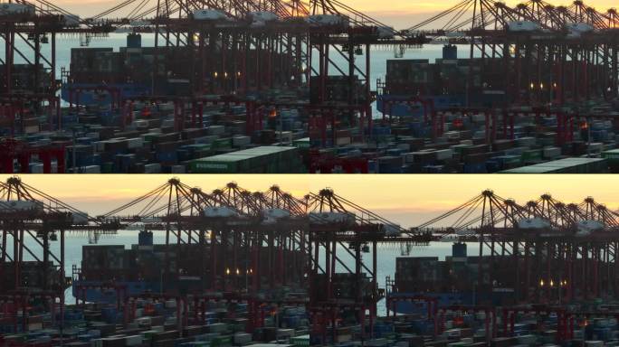 航拍港口货轮装卸货-上海洋山港