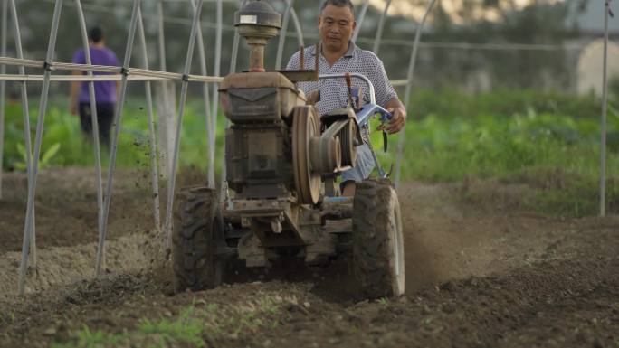 农民在田地里犁地翻土松土机械化耕田耕地