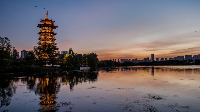 湖南长沙洋湖湿白鹭塔地晚霞日转夜延时