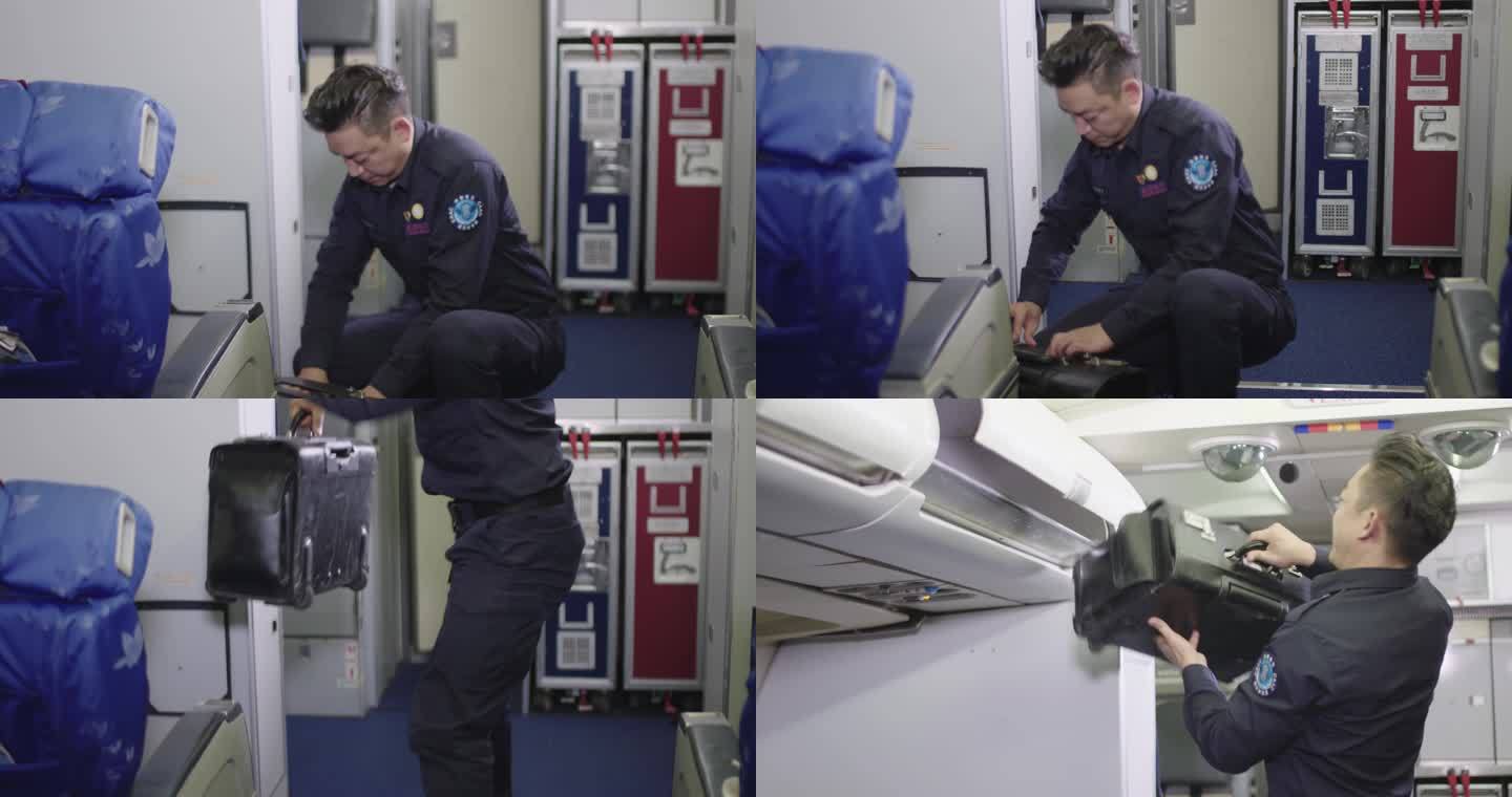 【4K】男子整理飞机行李箱排除安全隐患