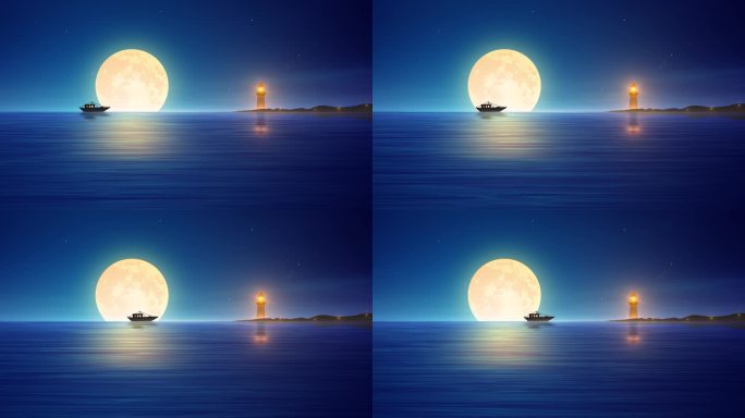唯美海上灯塔月亮