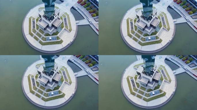 航拍高视角俯视江苏省盐城市盐立方电视塔