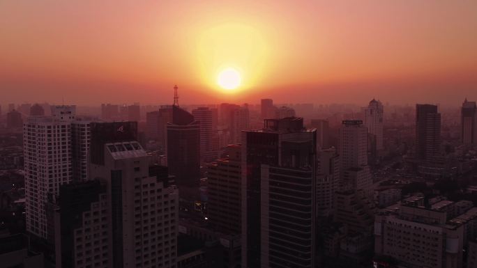 宁波夕阳 落日 甬江 城市大楼 中国银行