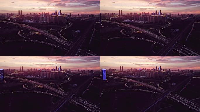 杭州萧山市北机场城市大道高架夕阳航拍