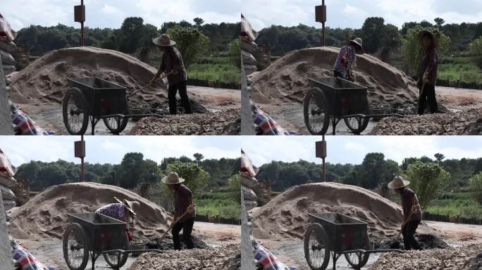 农村挑水泥和水泥的妇女