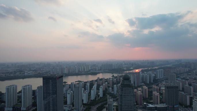 山东省临沂祊河北城新区夕阳晚霞落日航拍