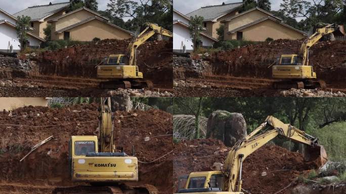 农村盖房子挖掘机挖土