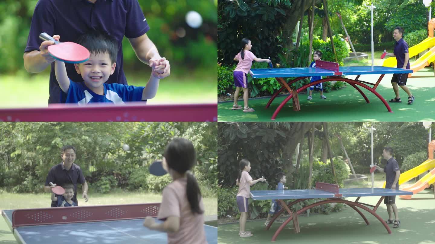 亲子运动小区居民打乒乓球-全民健身
