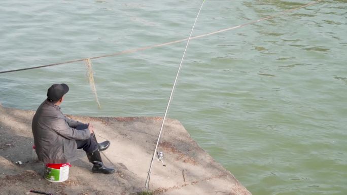 钓鱼的人 河边垂钓 柳树下 一个老人悠闲