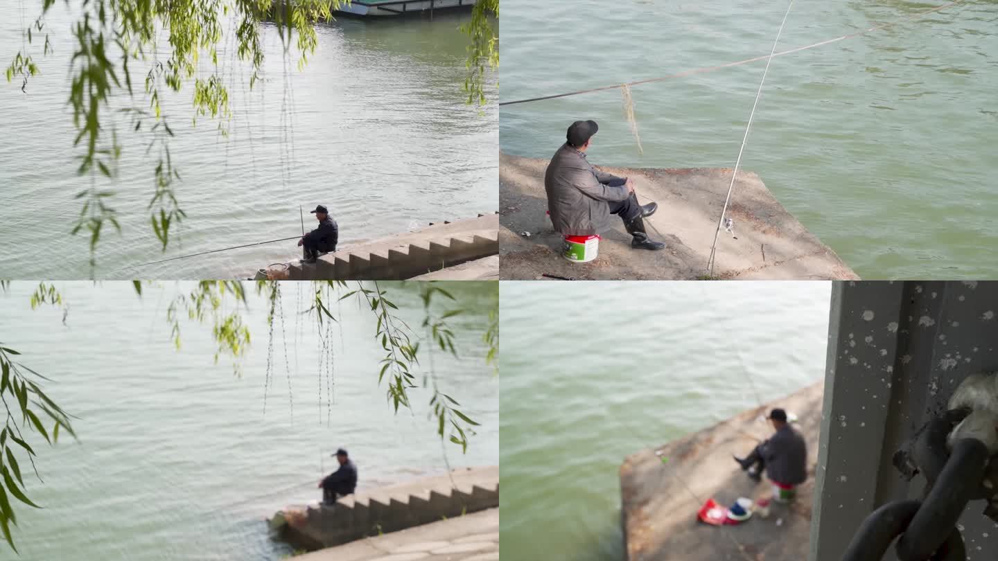 钓鱼的人 河边垂钓 柳树下 一个老人悠闲
