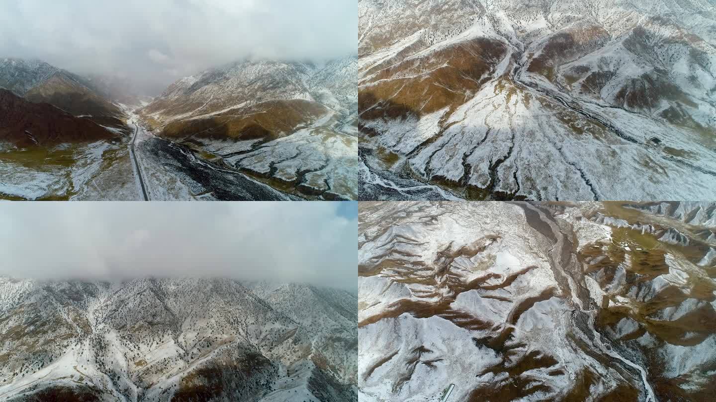 航拍青藏高原戈壁滩雪景合集