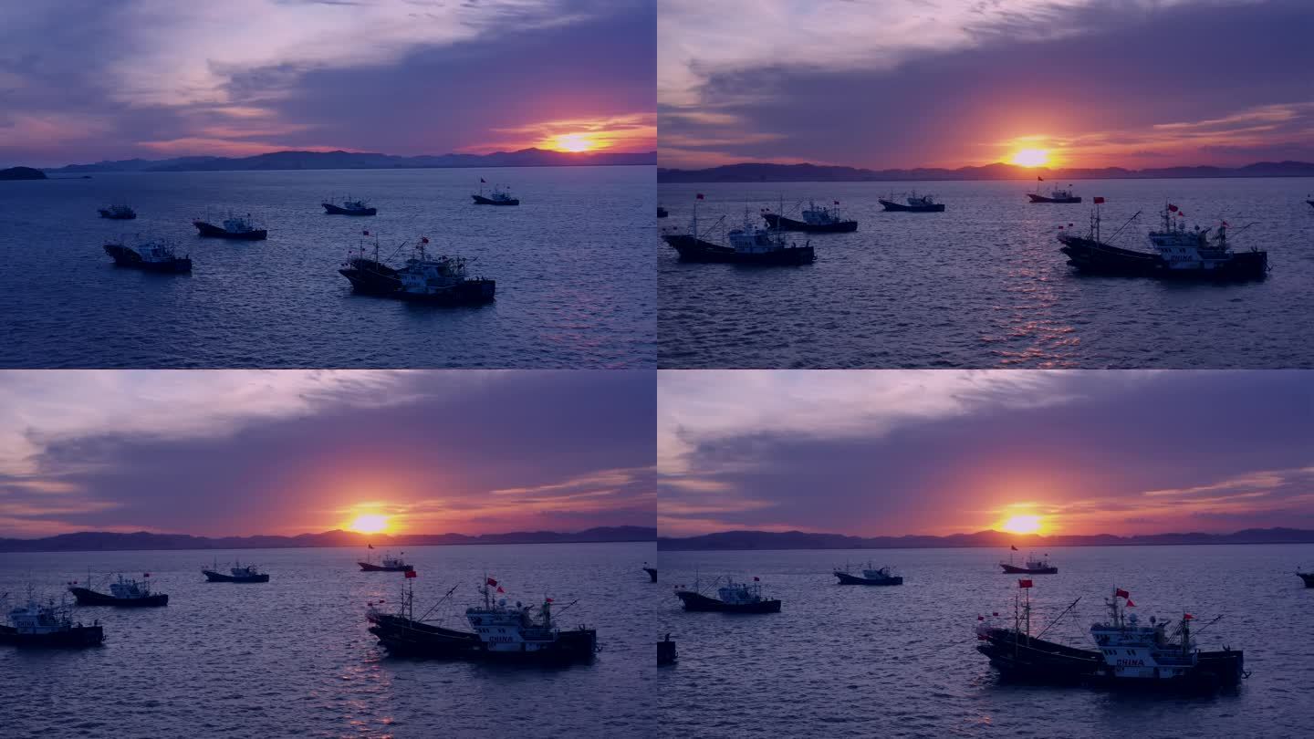 渔舟唱晚 海边夕阳航拍渔船
