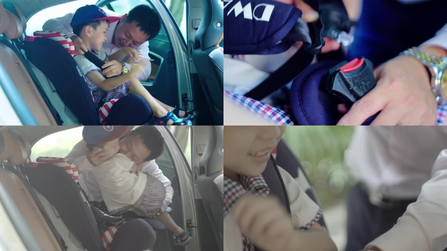 小男孩坐汽车儿童安全座椅-扣安全带