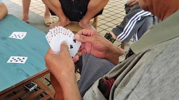 夏季炎热树荫下打扑克牌娱乐活动市民休闲
