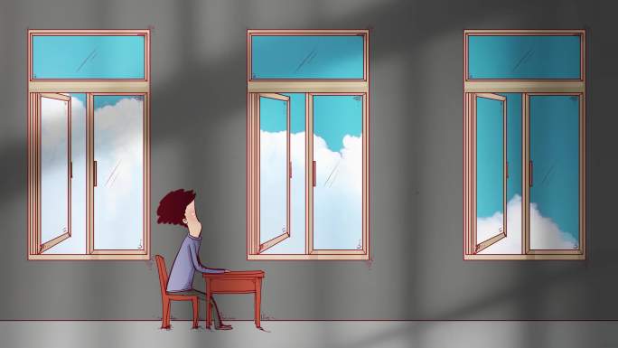 动画-坐在教室里的人和窗外流动的云
