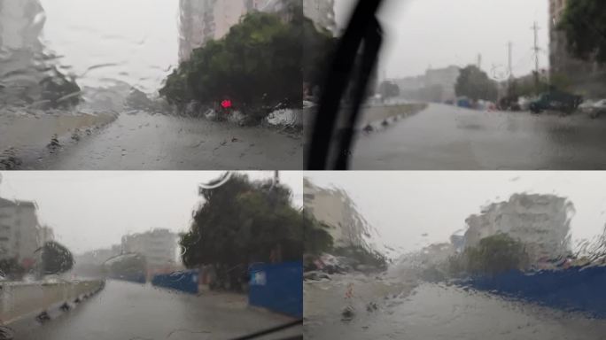 下雨天开车马路边行车车挡玻璃雨滴雨滴玻璃