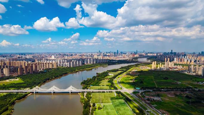 辽宁沈阳南阳湖大桥浑河城市风景航拍延时