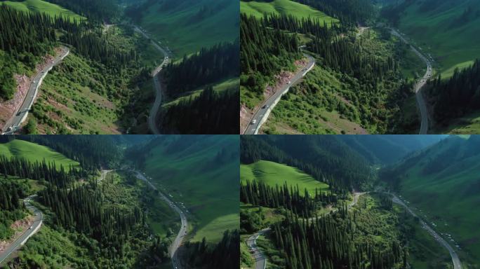 新疆自驾游航拍夏天独库公路高山峡谷森林