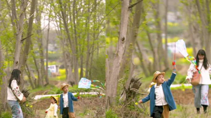 4k一家人春游在农村油菜花旁边路上放风筝