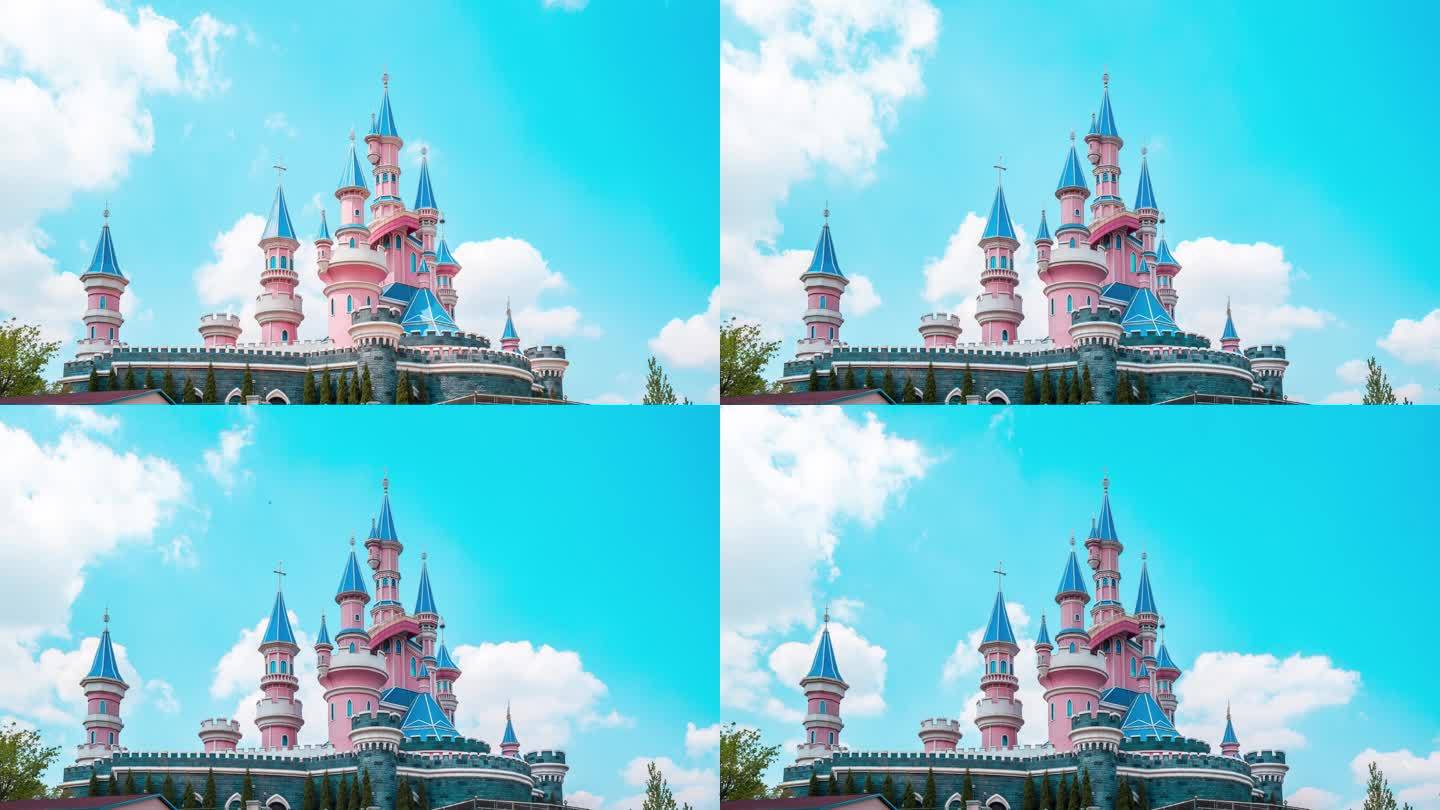 方特城堡浪漫童话粉色建筑蓝天白云延时摄影