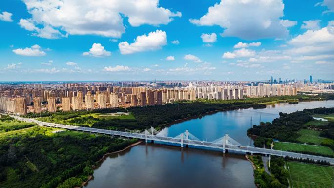 辽宁沈阳南阳湖大桥浑河城市风景航拍延时