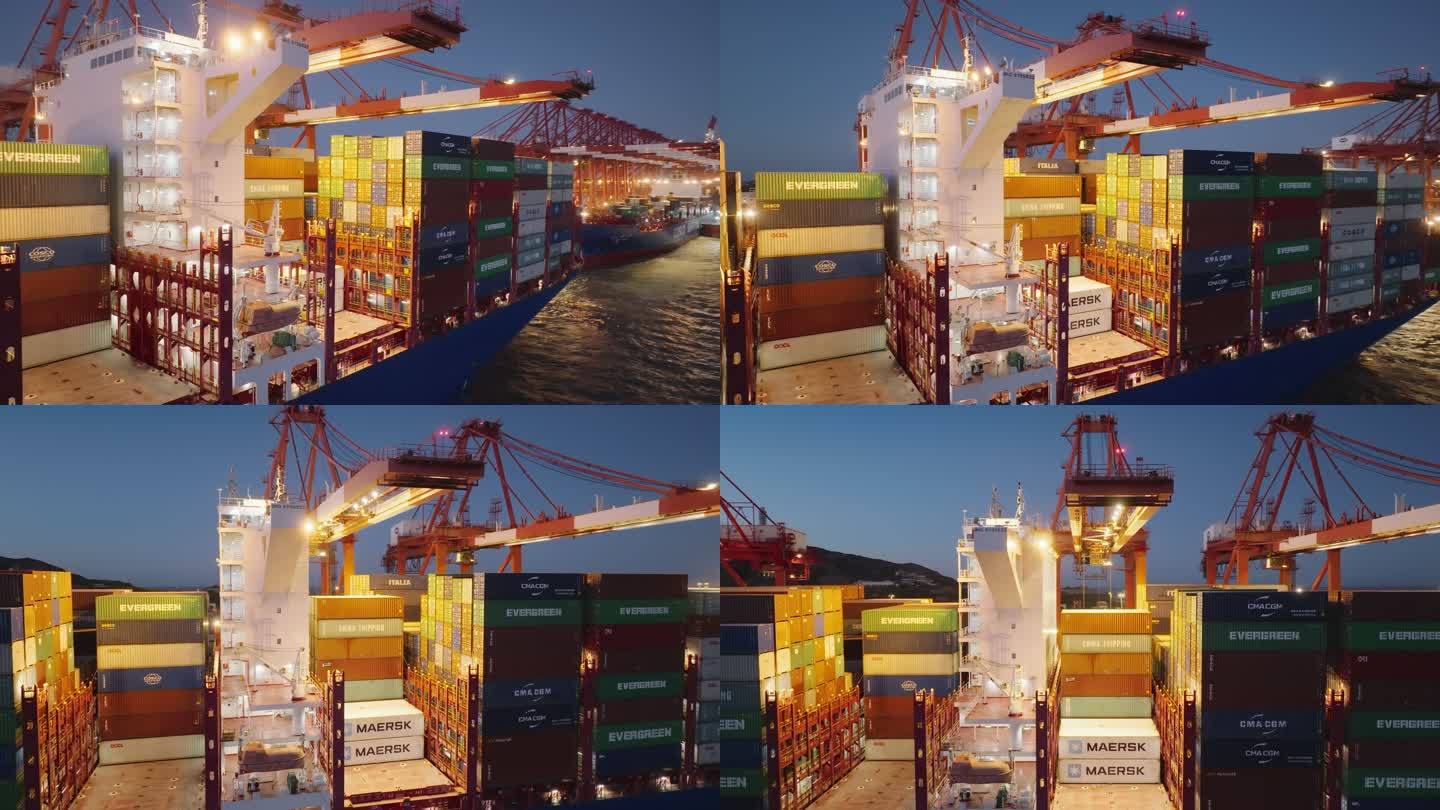 航拍港口货轮装卸货-上海洋山港夜景