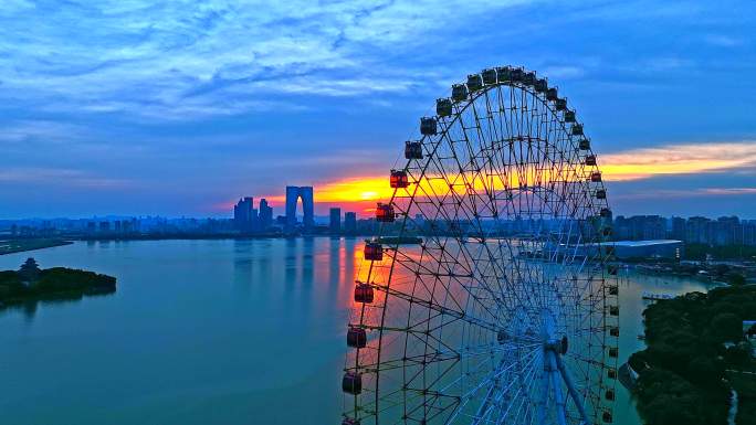 苏州中心 东方之门 金鸡湖夜景晚霞延时