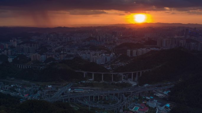 黔春立交桥黄昏 贵阳城市航拍