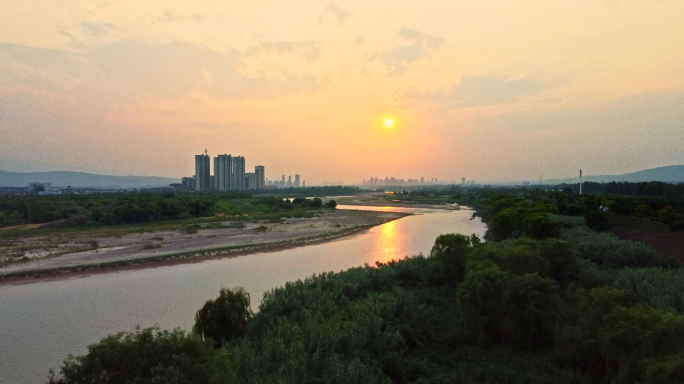 航拍渭河落日夕阳