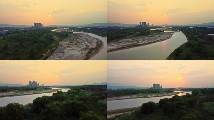 航拍渭河落日夕阳