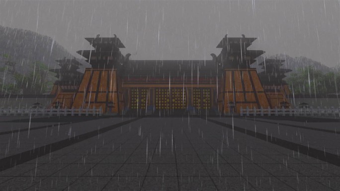 古代战国汉魏城门王侯府邸大门-雨景下雨