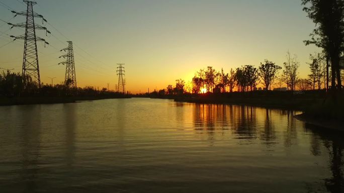 河边湖边水边日落夕阳红落日空镜A006