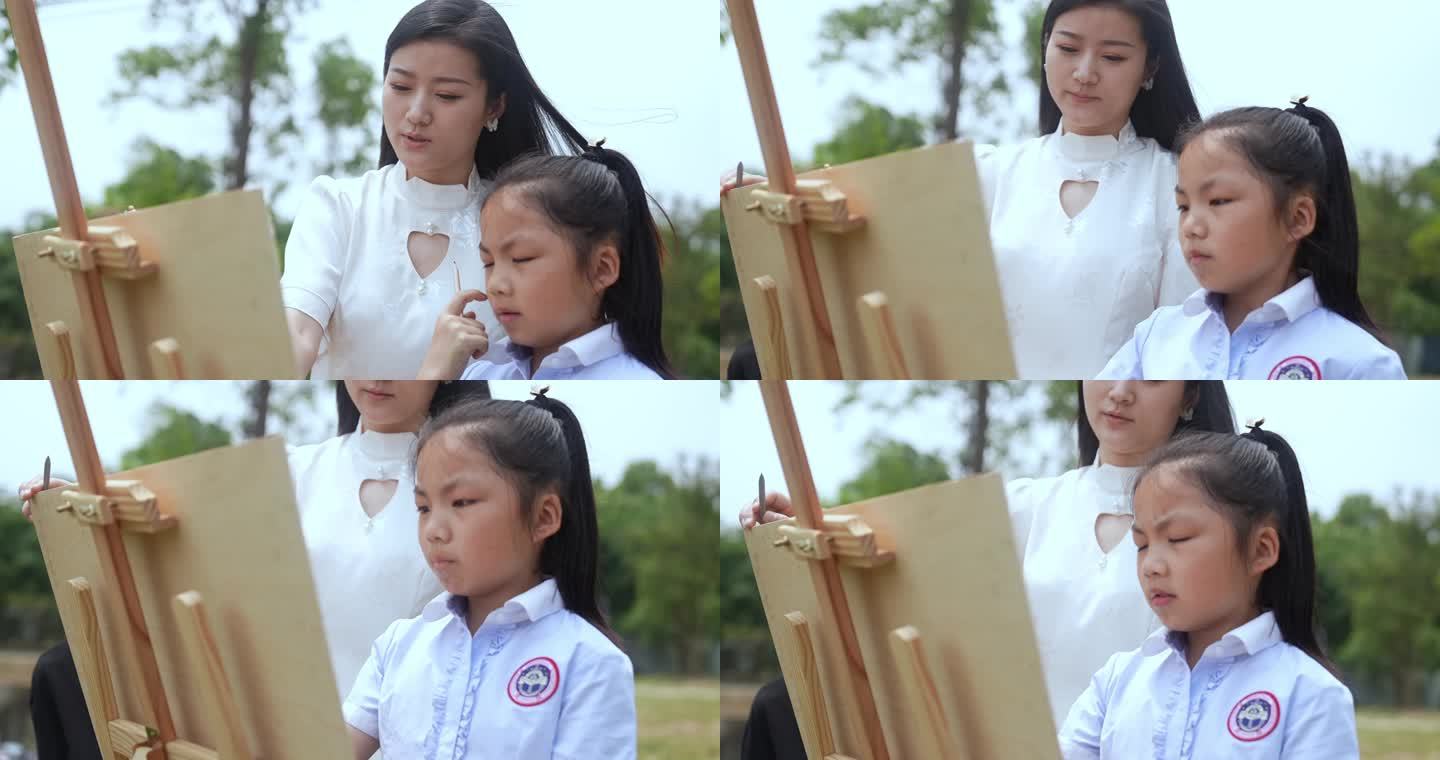 【4K】美女老师教小孩画画