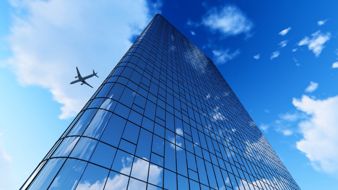建筑玻璃幕墙动画飞机飞过梦想商务大楼