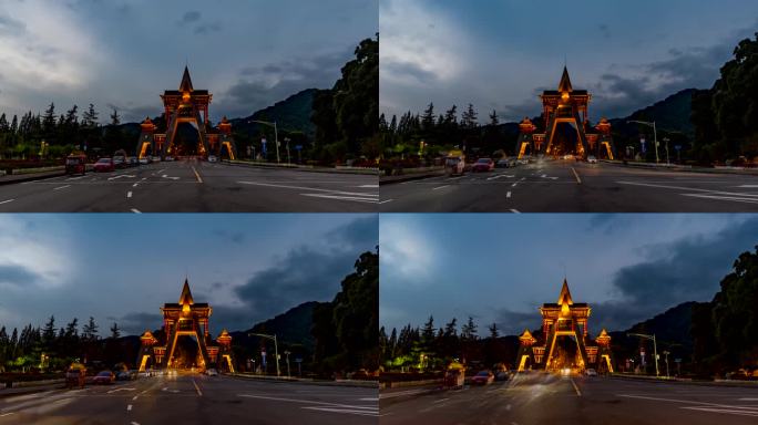 都江堰青城山牌坊青城前山门夜景延时4K